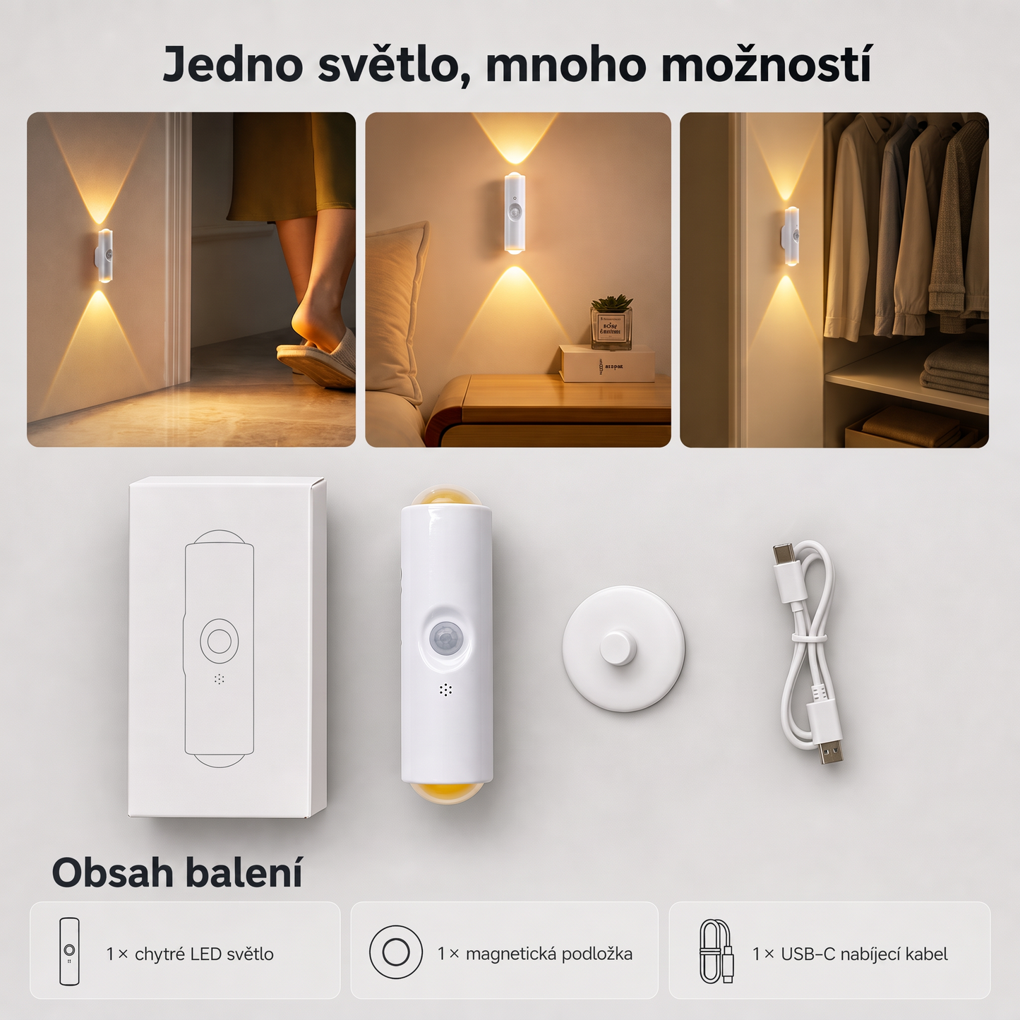 PKNEW® 💡 Chytré obousměrné RGB noční světlo se senzorem pohybu 🌈 – automatické rozsvícení, magnetická instalace bez vrtání a USB-C nabíjení pro ložnici, chodbu i schodiště 💎
