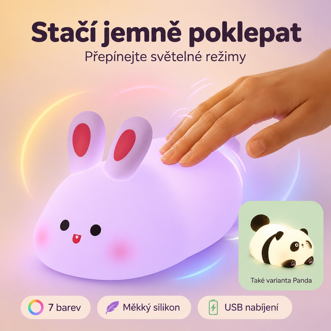 PKNEW® 7barevná dotyková silikonová noční lampička na spaní 🌙 – Měkká na omak, dobíjecí přes USB, na výběr ve variantě králíček a panda 💕