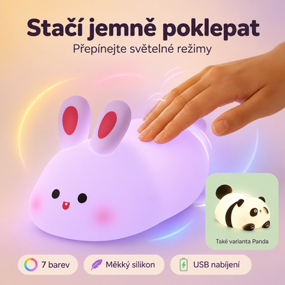 PKNEW® 7barevná dotyková silikonová noční lampička na spaní 🌙 – Měkká na omak, dobíjecí přes USB, na výběr ve variantě králíček a panda 💕