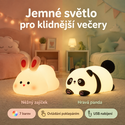 PKNEW® 7barevná dotyková silikonová noční lampička na spaní 🌙 – Měkká na omak, dobíjecí přes USB, na výběr ve variantě králíček a panda 💕