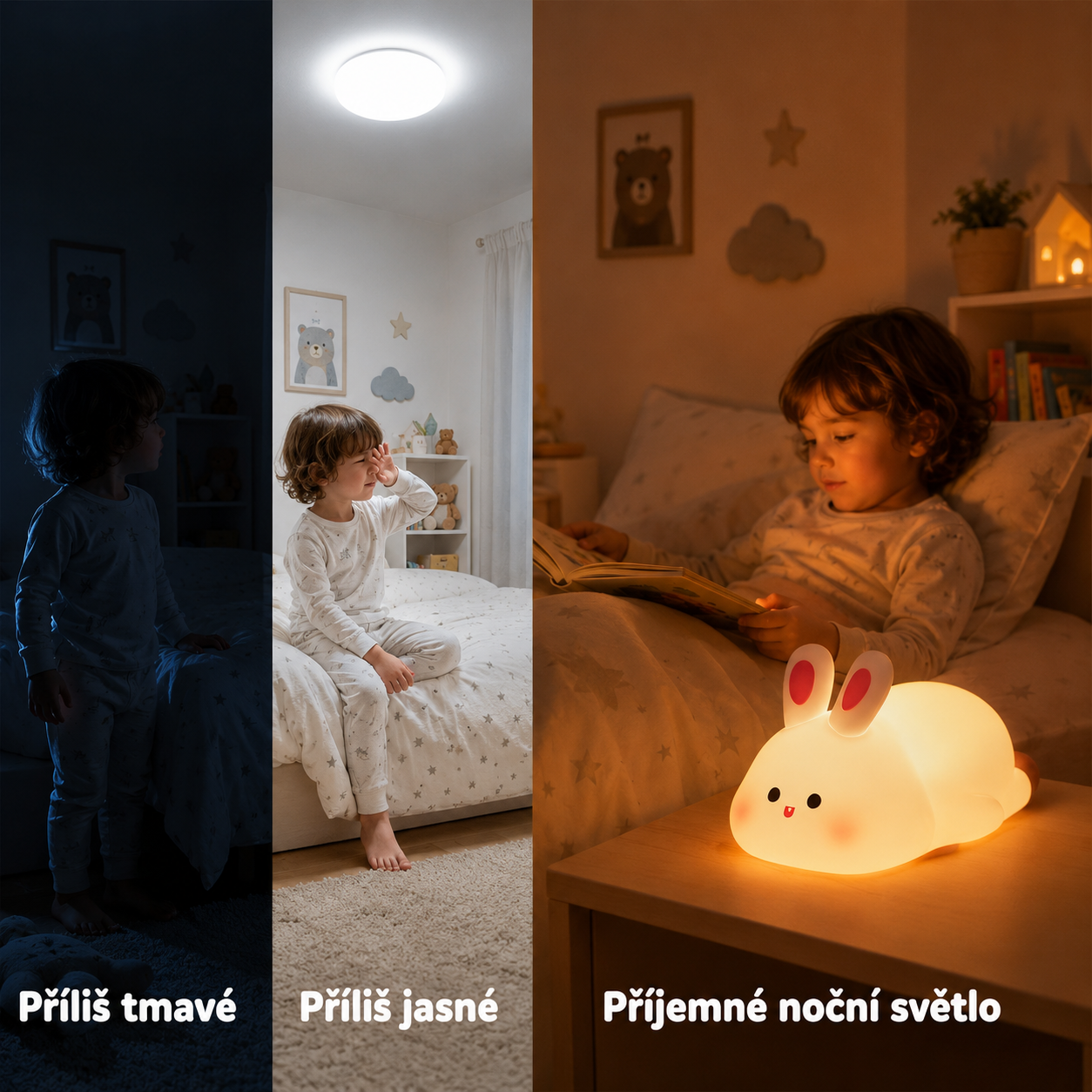 PKNEW® 7barevná dotyková silikonová noční lampička na spaní 🌙 – Měkká na omak, dobíjecí přes USB, na výběr ve variantě králíček a panda 💕