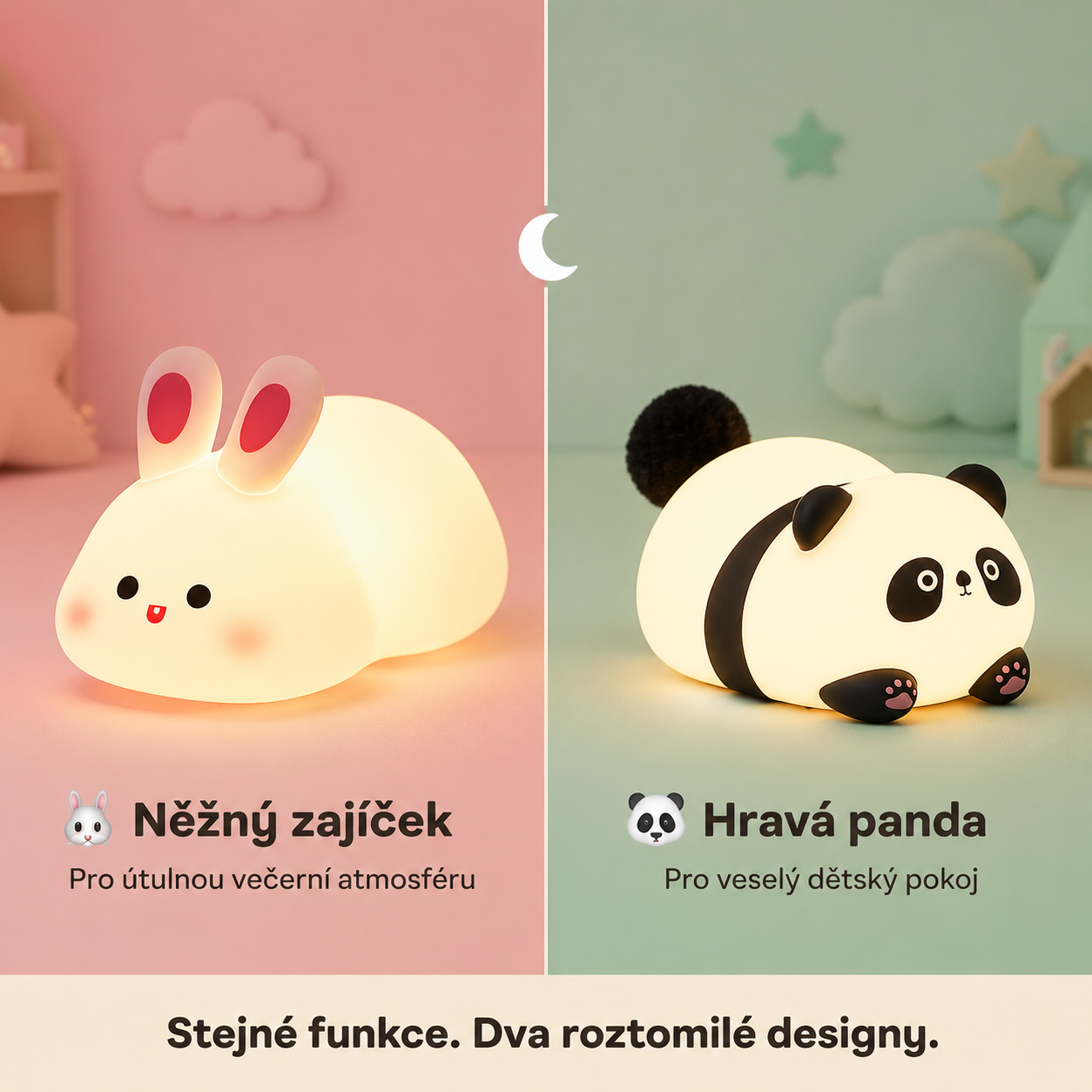PKNEW® 7barevná dotyková silikonová noční lampička na spaní 🌙 – Měkká na omak, dobíjecí přes USB, na výběr ve variantě králíček a panda 💕
