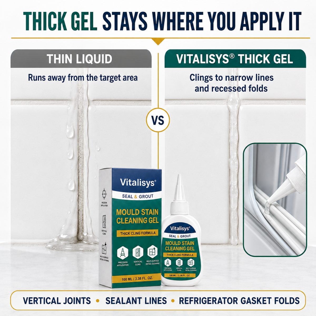 Vitalisys® Deep Mould Stain Cleaning Gel 👑 – Thick Cling Formula for Grout, Sealant & Damp Corners 💎