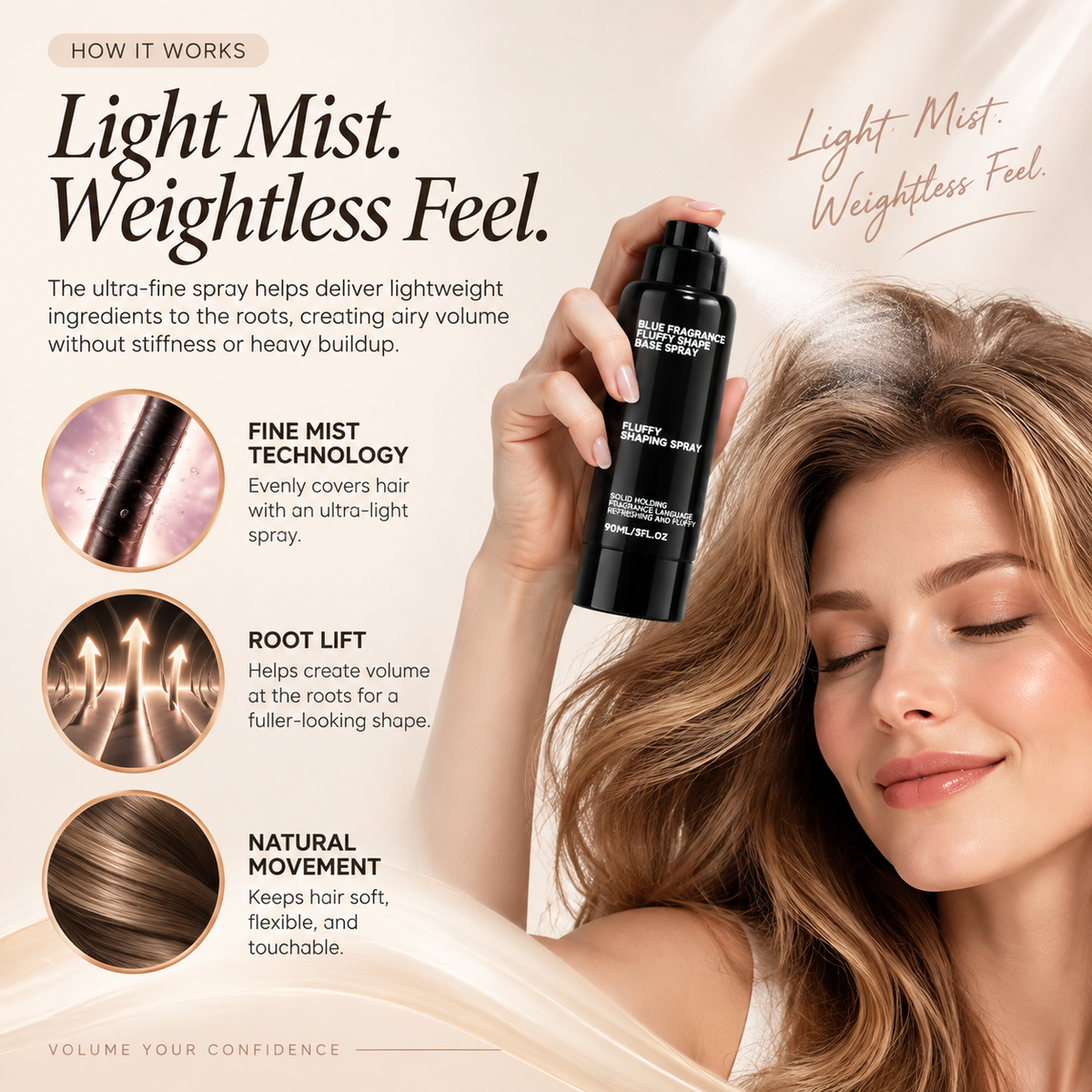 Vitalisys® Fluffy Hair Shaping Spray – Lightweight Volumizing Mist for Root Lift & Natural Movement with Peach Scent 💎（副本）
