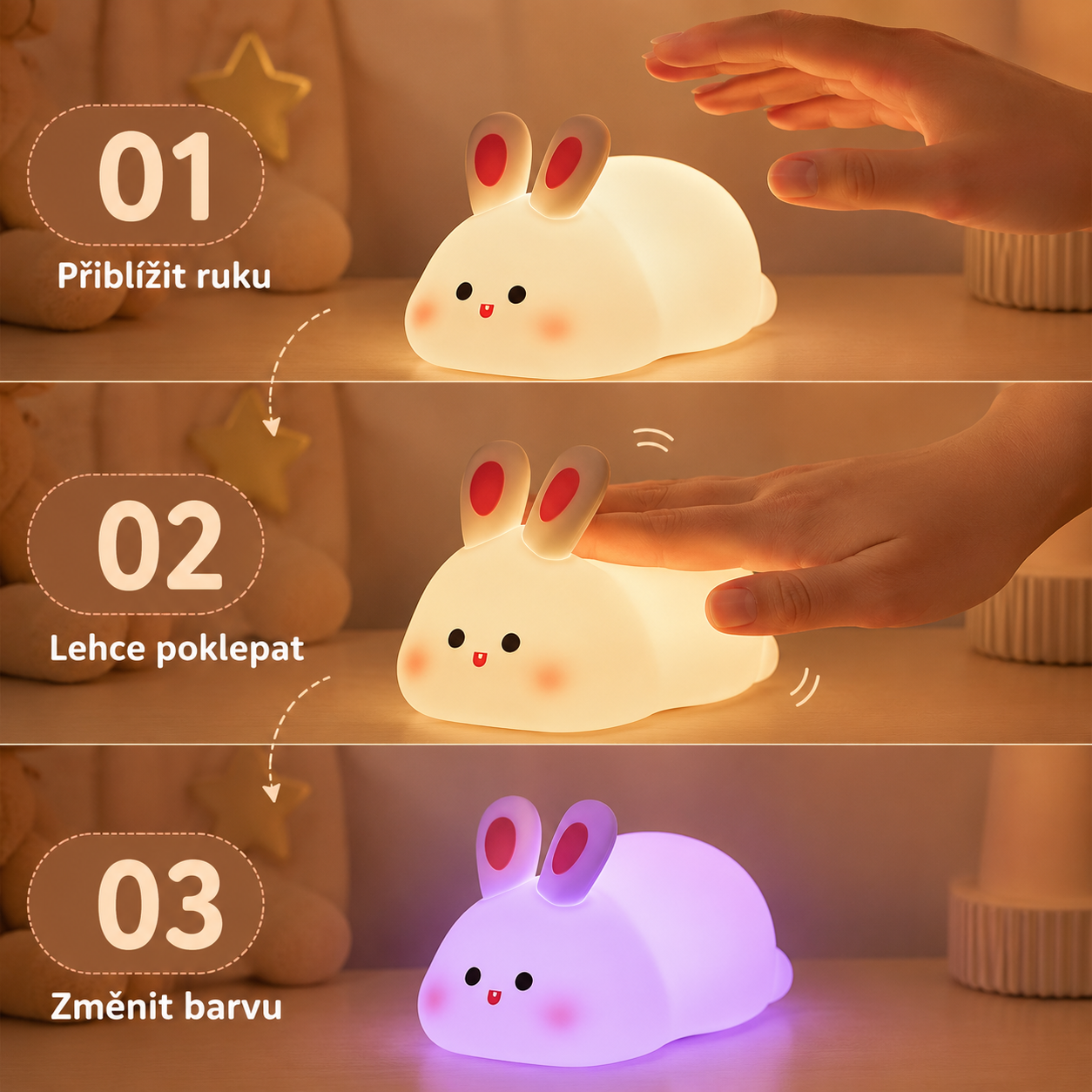 PKNEW® 7barevná dotyková silikonová noční lampička na spaní 🌙 – Měkká na omak, dobíjecí přes USB, na výběr ve variantě králíček a panda 💕