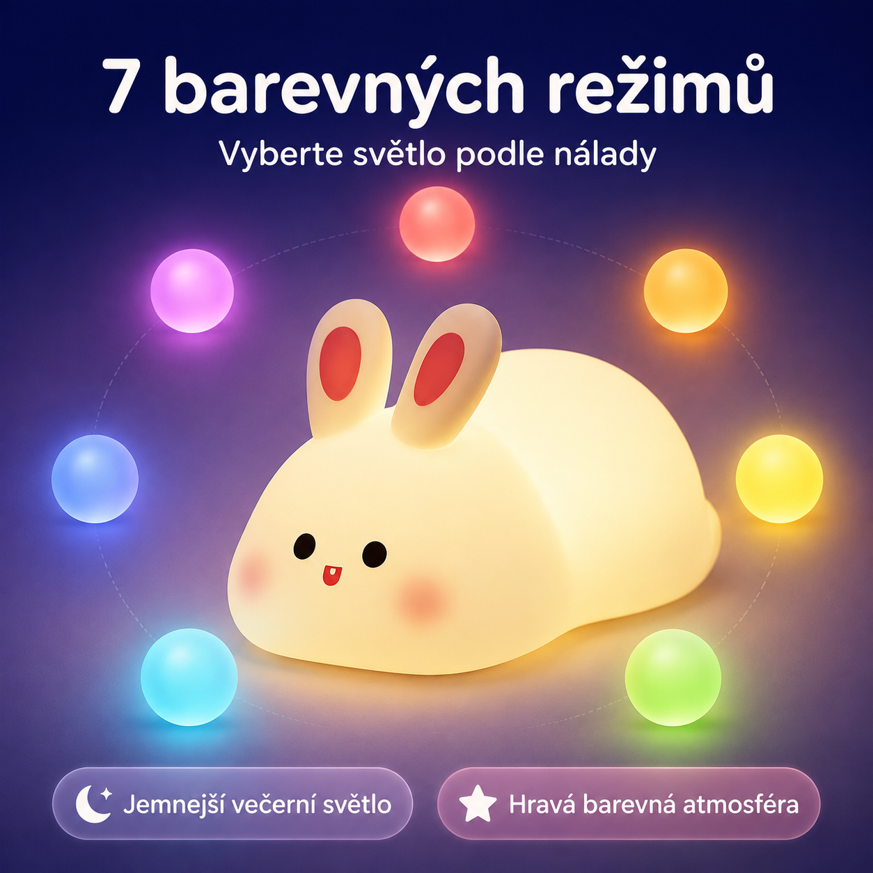 PKNEW® 7barevná dotyková silikonová noční lampička na spaní 🌙 – Měkká na omak, dobíjecí přes USB, na výběr ve variantě králíček a panda 💕