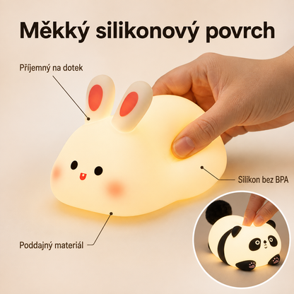 PKNEW® 7barevná dotyková silikonová noční lampička na spaní 🌙 – Měkká na omak, dobíjecí přes USB, na výběr ve variantě králíček a panda 💕
