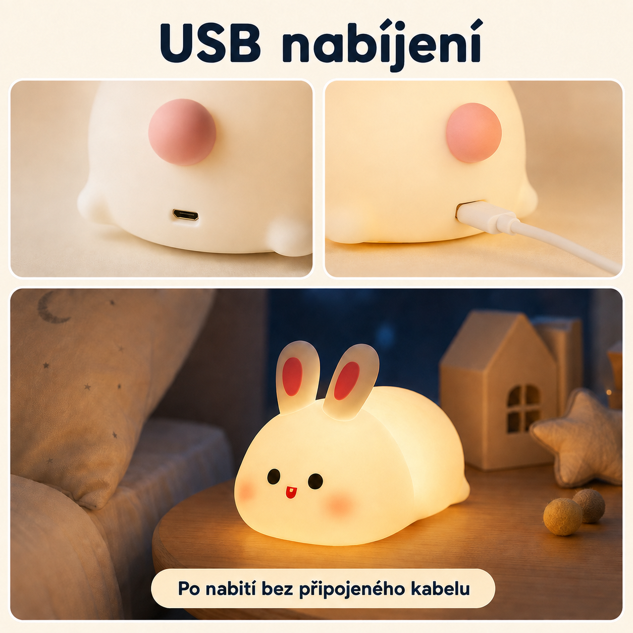 PKNEW® 7barevná dotyková silikonová noční lampička na spaní 🌙 – Měkká na omak, dobíjecí přes USB, na výběr ve variantě králíček a panda 💕