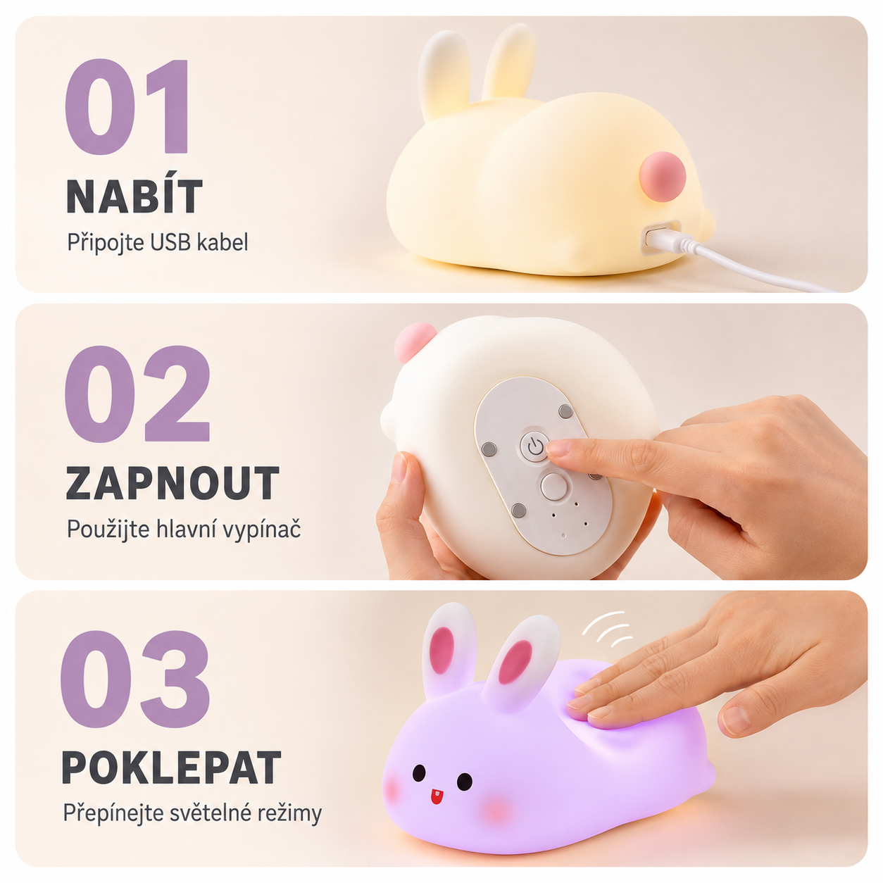 PKNEW® 7barevná dotyková silikonová noční lampička na spaní 🌙 – Měkká na omak, dobíjecí přes USB, na výběr ve variantě králíček a panda 💕