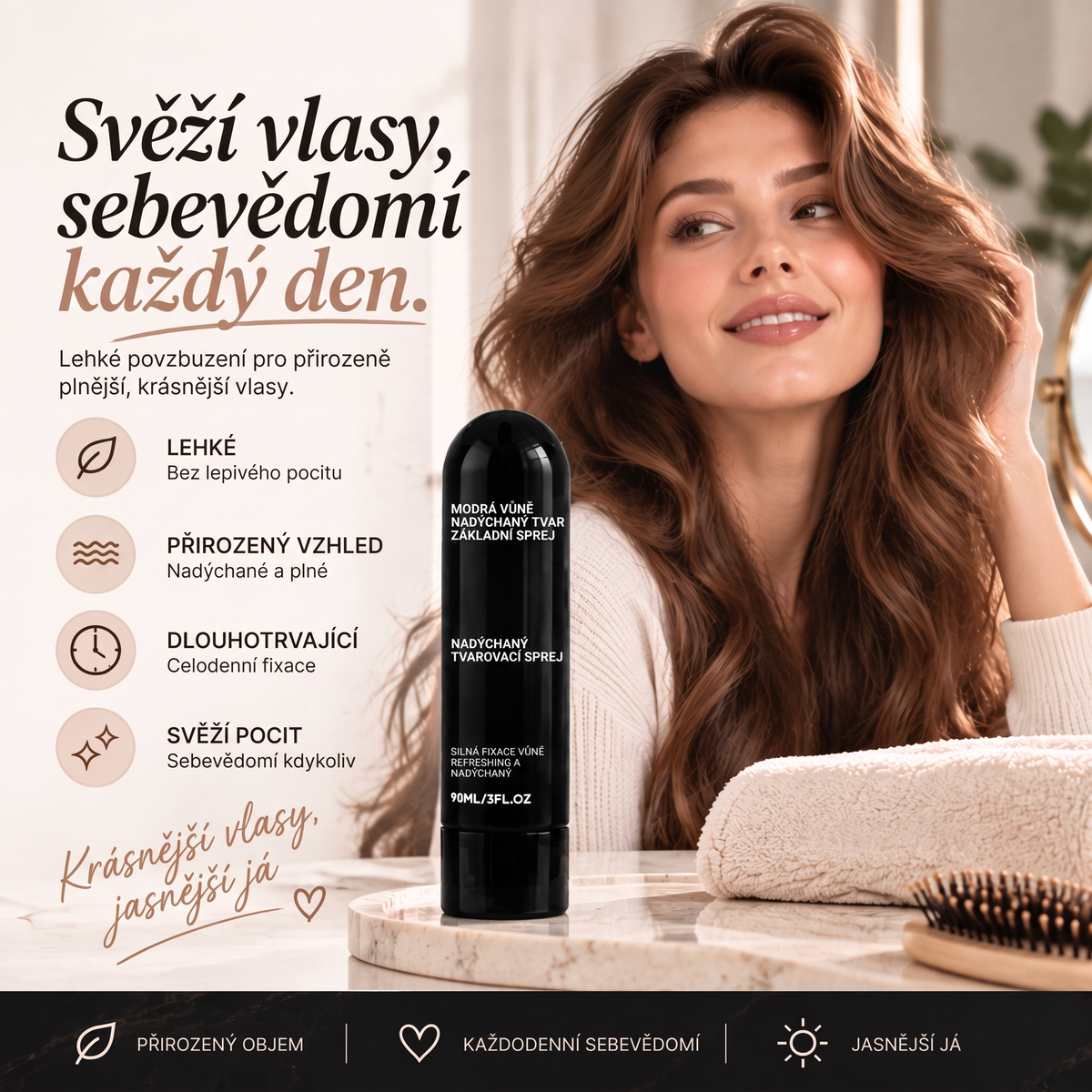 🔥🔥Vitalisys® Tvarovací sprej pro objem vlasů Fluffy Hair – Lehký sprej pro objem od kořínků a přirozený pohyb s broskvovou vůní 💎