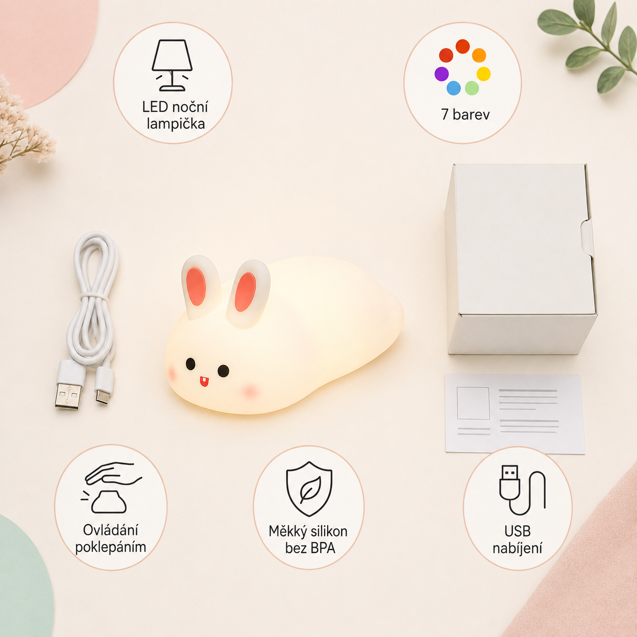 PKNEW® 7barevná dotyková silikonová noční lampička na spaní 🌙 – Měkká na omak, dobíjecí přes USB, na výběr ve variantě králíček a panda 💕