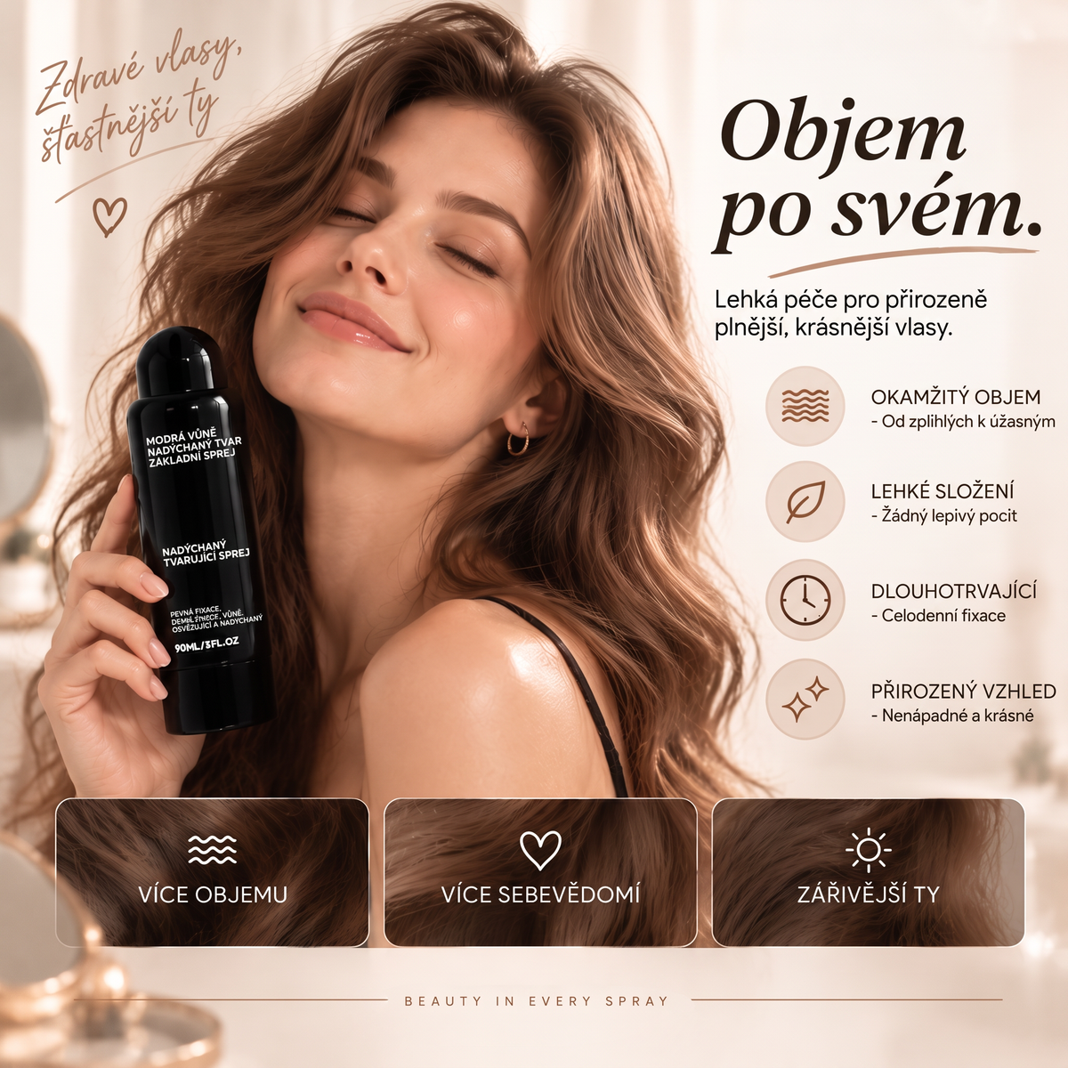 🔥🔥Vitalisys® Tvarovací sprej pro objem vlasů Fluffy Hair – Lehký sprej pro objem od kořínků a přirozený pohyb s broskvovou vůní 💎