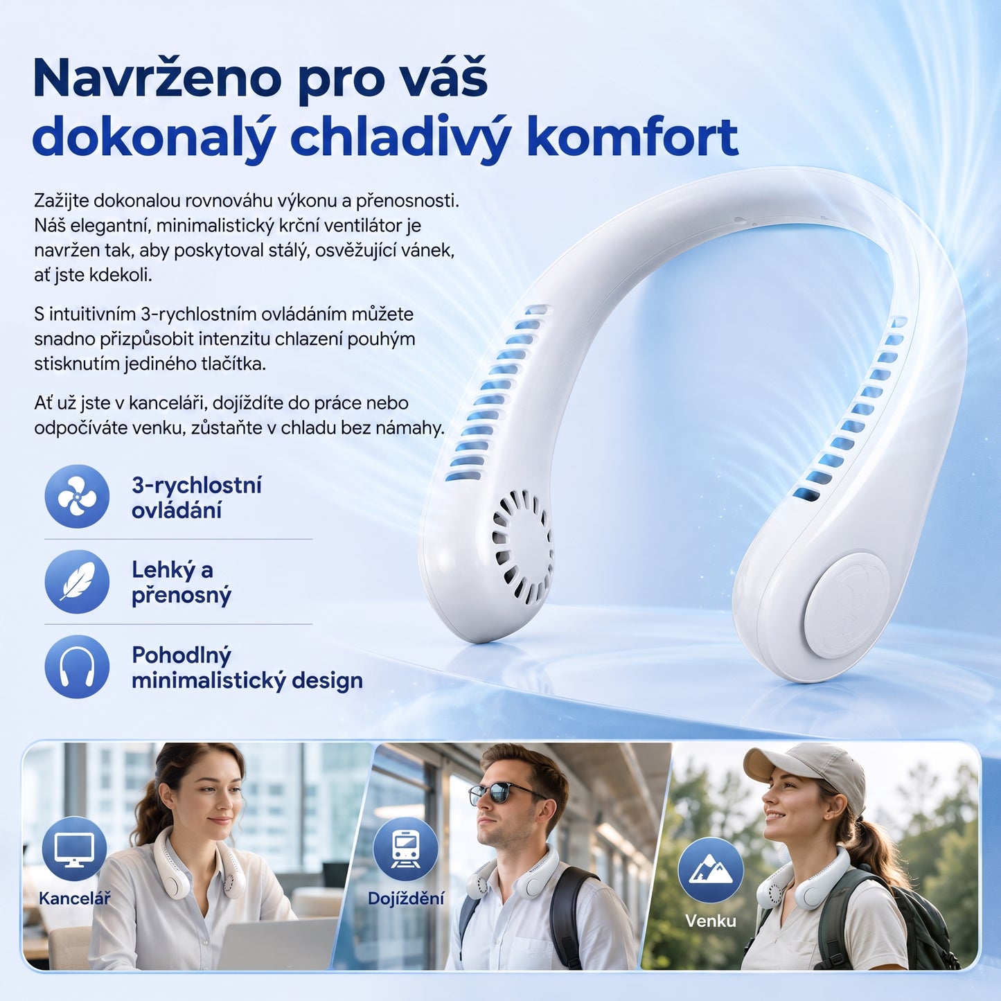 Přenosný ventilátor na krk PKNEW®, bezlopatkový osobní ventilátor, hands-free chlazení pro venkovní použití i do kanceláře 💎