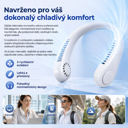 Přenosný ventilátor na krk PKNEW®, bezlopatkový osobní ventilátor, hands-free chlazení pro venkovní použití i do kanceláře 💎