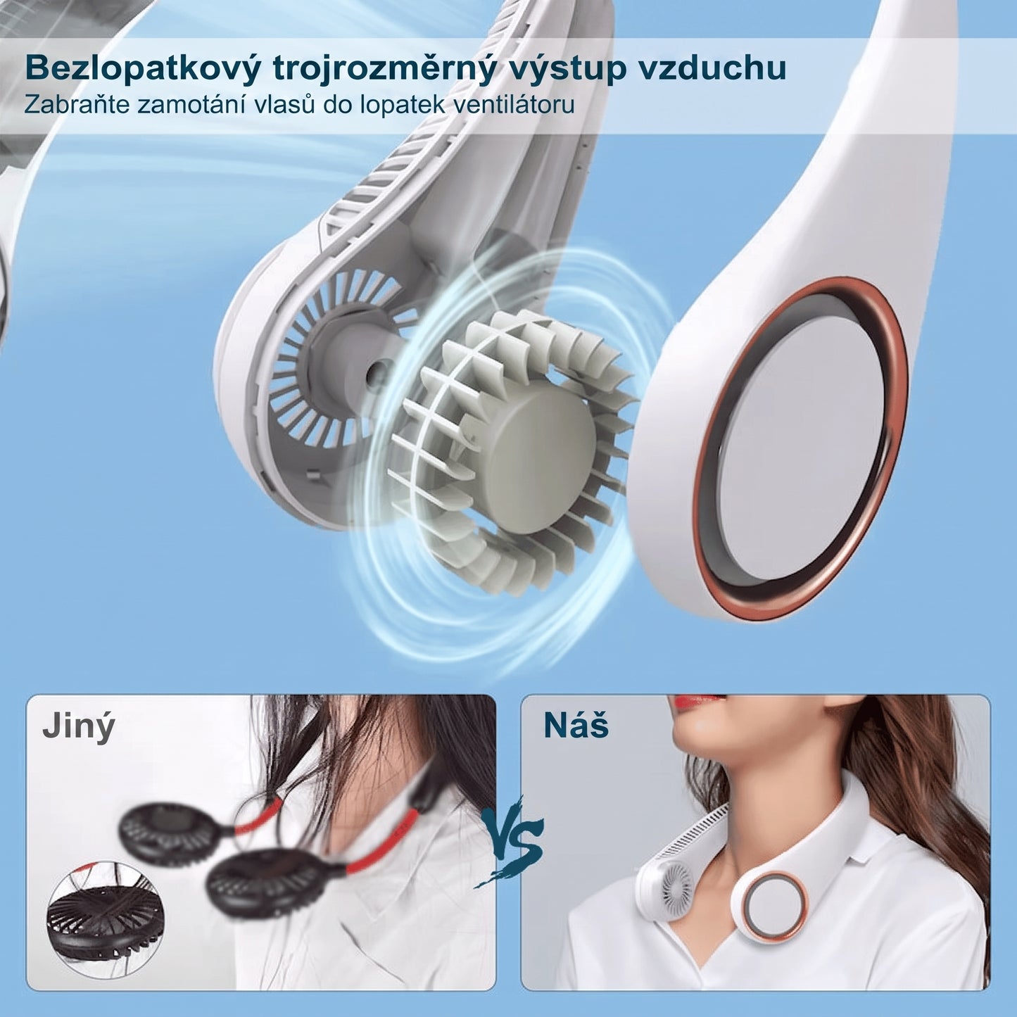 Přenosný ventilátor na krk PKNEW®, bezlopatkový osobní ventilátor, hands-free chlazení pro venkovní použití i do kanceláře 💎