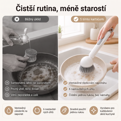 PKNEW® Chytrý kuchyňský kartáč s dávkovačem saponátu 🧽 – otočná hlavice pro snadné čištění hrnců, pánví a nádobí jednou rukou 💧