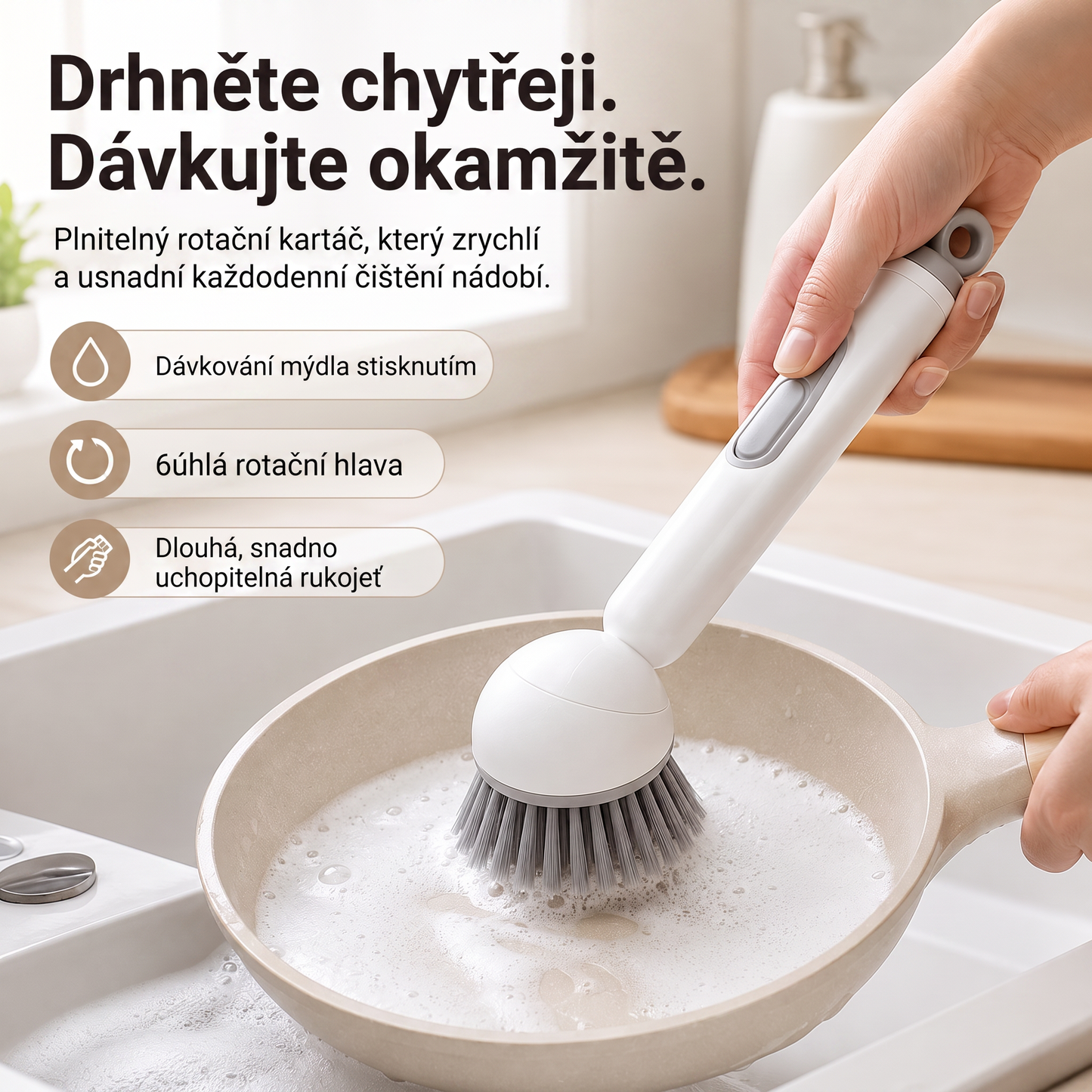 PKNEW® Chytrý kuchyňský kartáč s dávkovačem saponátu 🧽 – otočná hlavice pro snadné čištění hrnců, pánví a nádobí jednou rukou 💧