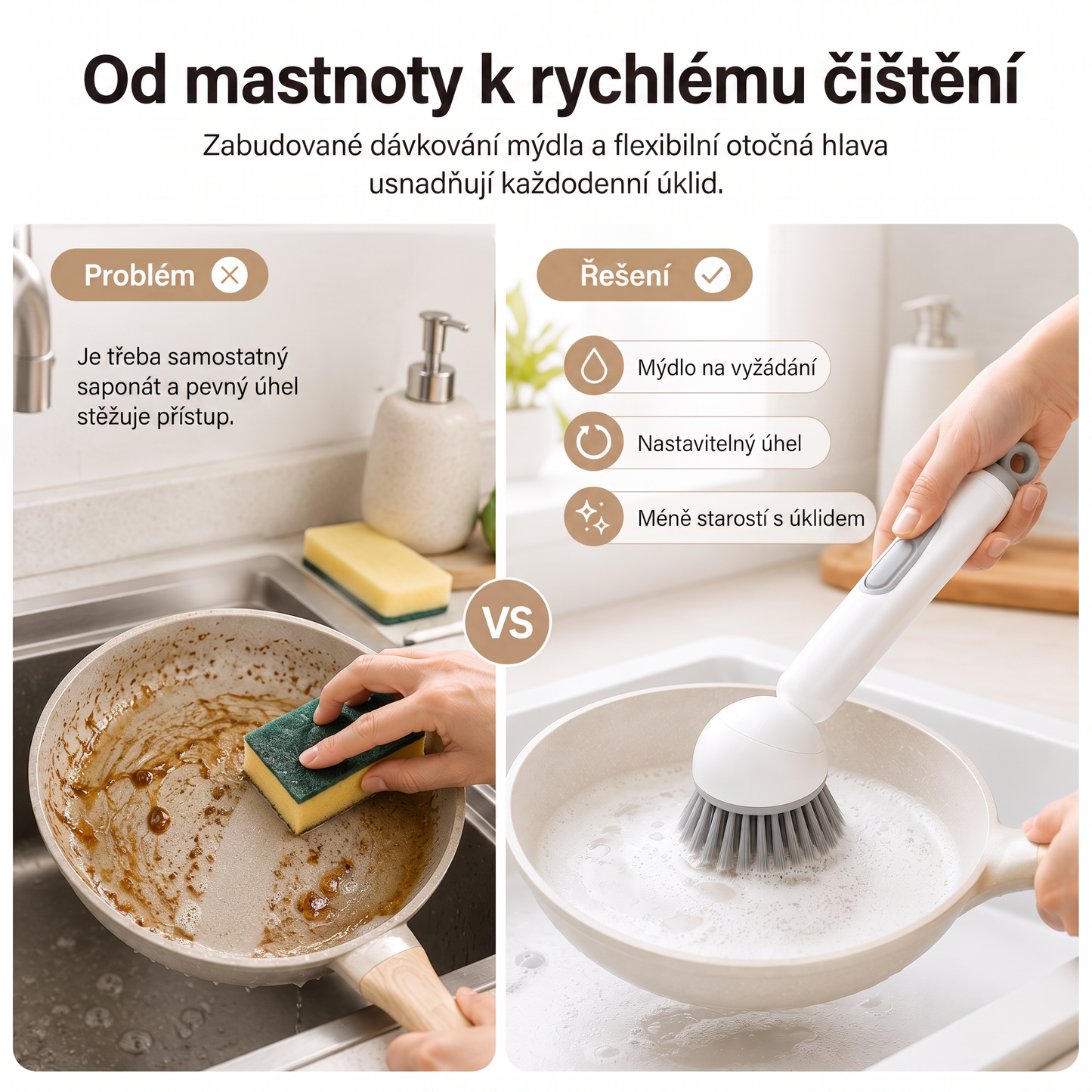 PKNEW® Chytrý kuchyňský kartáč s dávkovačem saponátu 🧽 – otočná hlavice pro snadné čištění hrnců, pánví a nádobí jednou rukou 💧