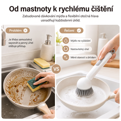 PKNEW® Chytrý kuchyňský kartáč s dávkovačem saponátu 🧽 – otočná hlavice pro snadné čištění hrnců, pánví a nádobí jednou rukou 💧