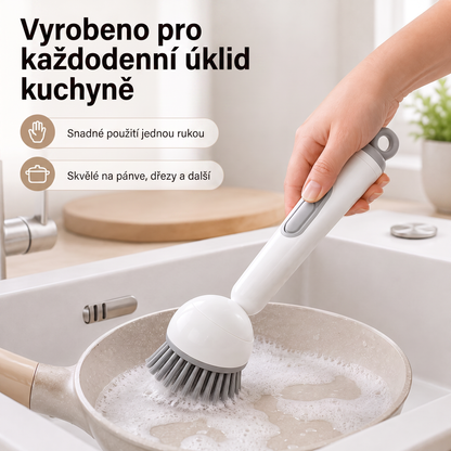 PKNEW® Chytrý kuchyňský kartáč s dávkovačem saponátu 🧽 – otočná hlavice pro snadné čištění hrnců, pánví a nádobí jednou rukou 💧