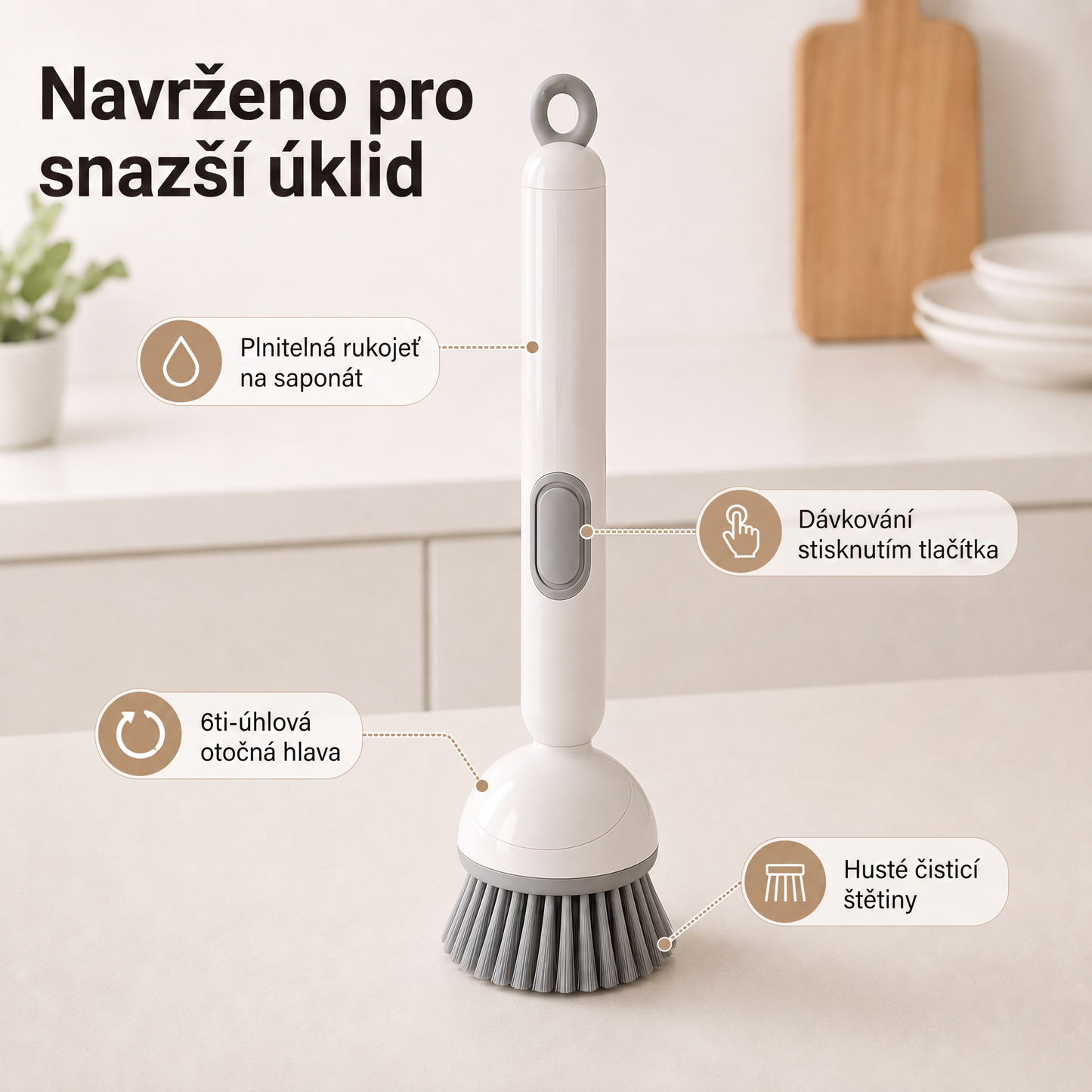 PKNEW® Chytrý kuchyňský kartáč s dávkovačem saponátu 🧽 – otočná hlavice pro snadné čištění hrnců, pánví a nádobí jednou rukou 💧