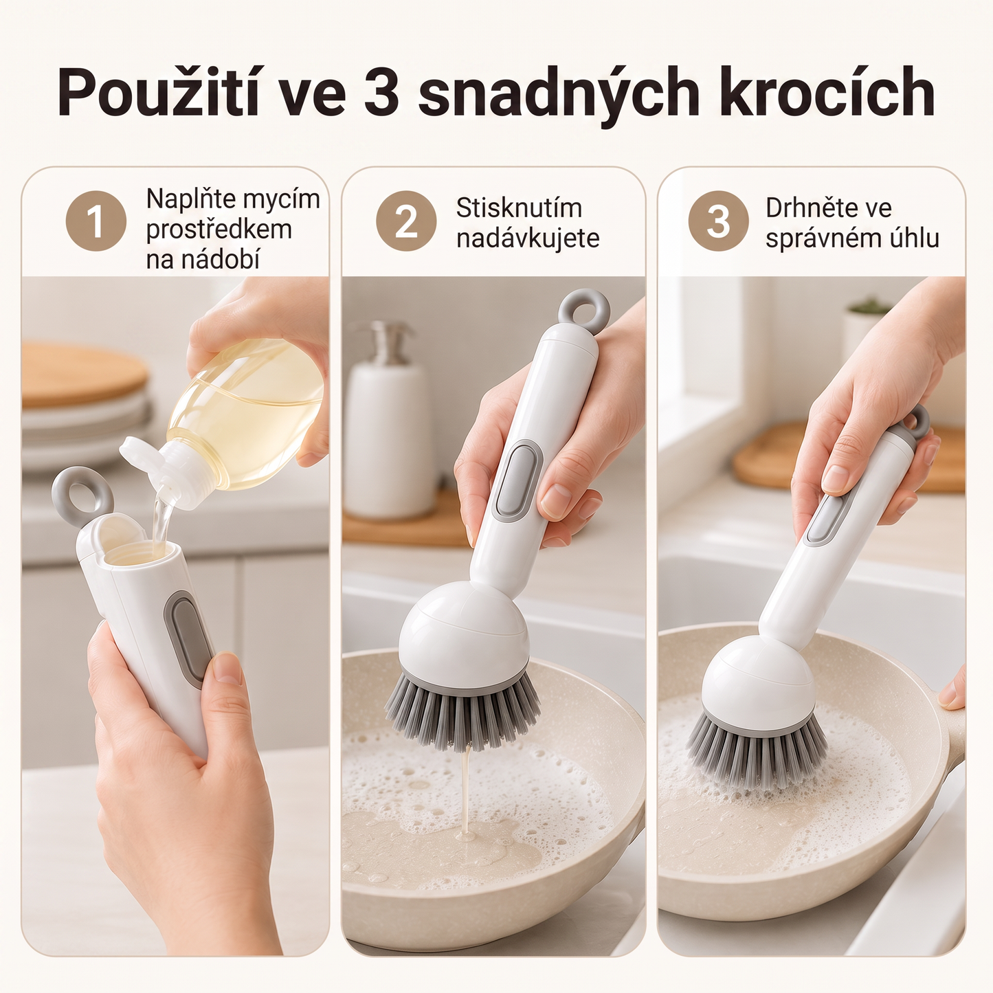 PKNEW® Chytrý kuchyňský kartáč s dávkovačem saponátu 🧽 – otočná hlavice pro snadné čištění hrnců, pánví a nádobí jednou rukou 💧