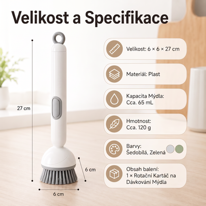 PKNEW® Chytrý kuchyňský kartáč s dávkovačem saponátu 🧽 – otočná hlavice pro snadné čištění hrnců, pánví a nádobí jednou rukou 💧