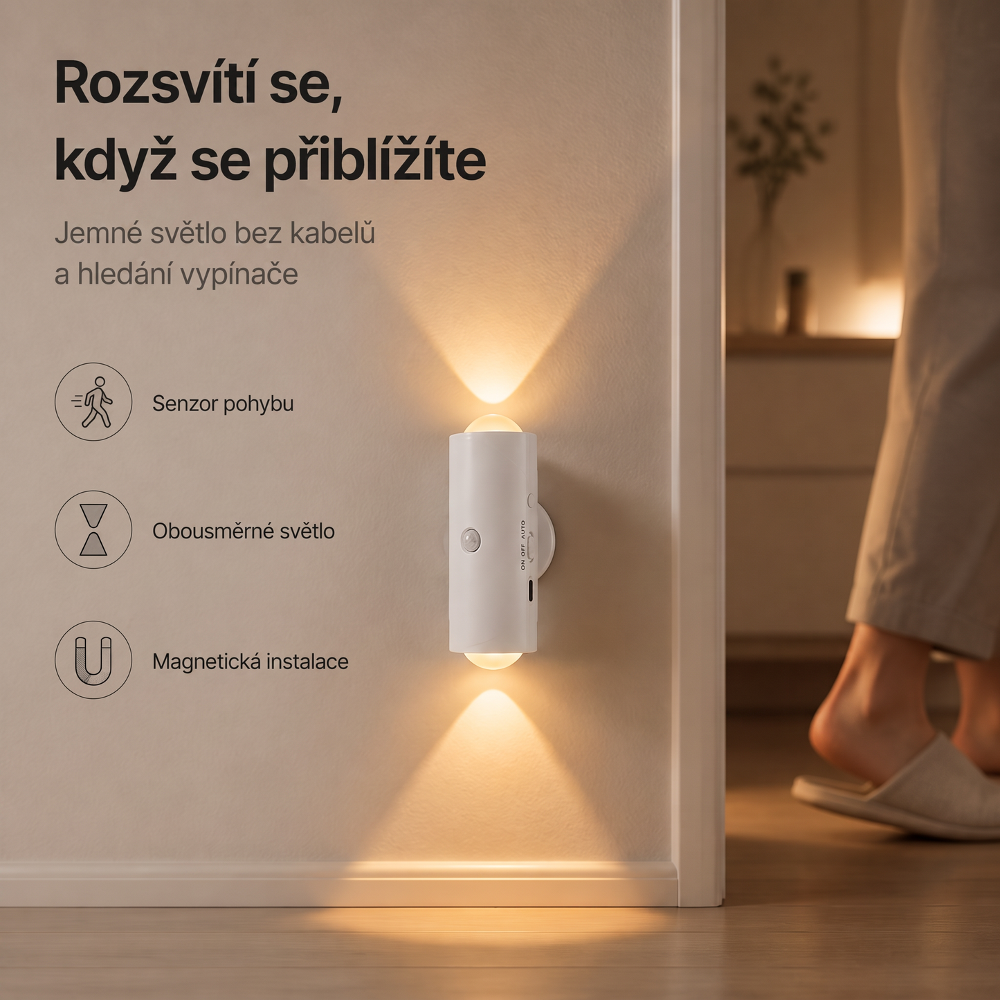 PKNEW® 💡 Chytré obousměrné RGB noční světlo se senzorem pohybu 🌈 – automatické rozsvícení, magnetická instalace bez vrtání a USB-C nabíjení pro ložnici, chodbu i schodiště 💎