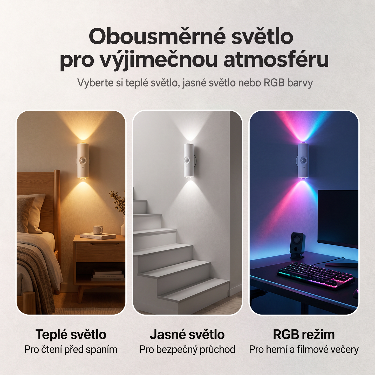 PKNEW® 💡 Chytré obousměrné RGB noční světlo se senzorem pohybu 🌈 – automatické rozsvícení, magnetická instalace bez vrtání a USB-C nabíjení pro ložnici, chodbu i schodiště 💎