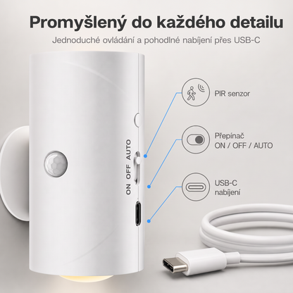 PKNEW® 💡 Chytré obousměrné RGB noční světlo se senzorem pohybu 🌈 – automatické rozsvícení, magnetická instalace bez vrtání a USB-C nabíjení pro ložnici, chodbu i schodiště 💎