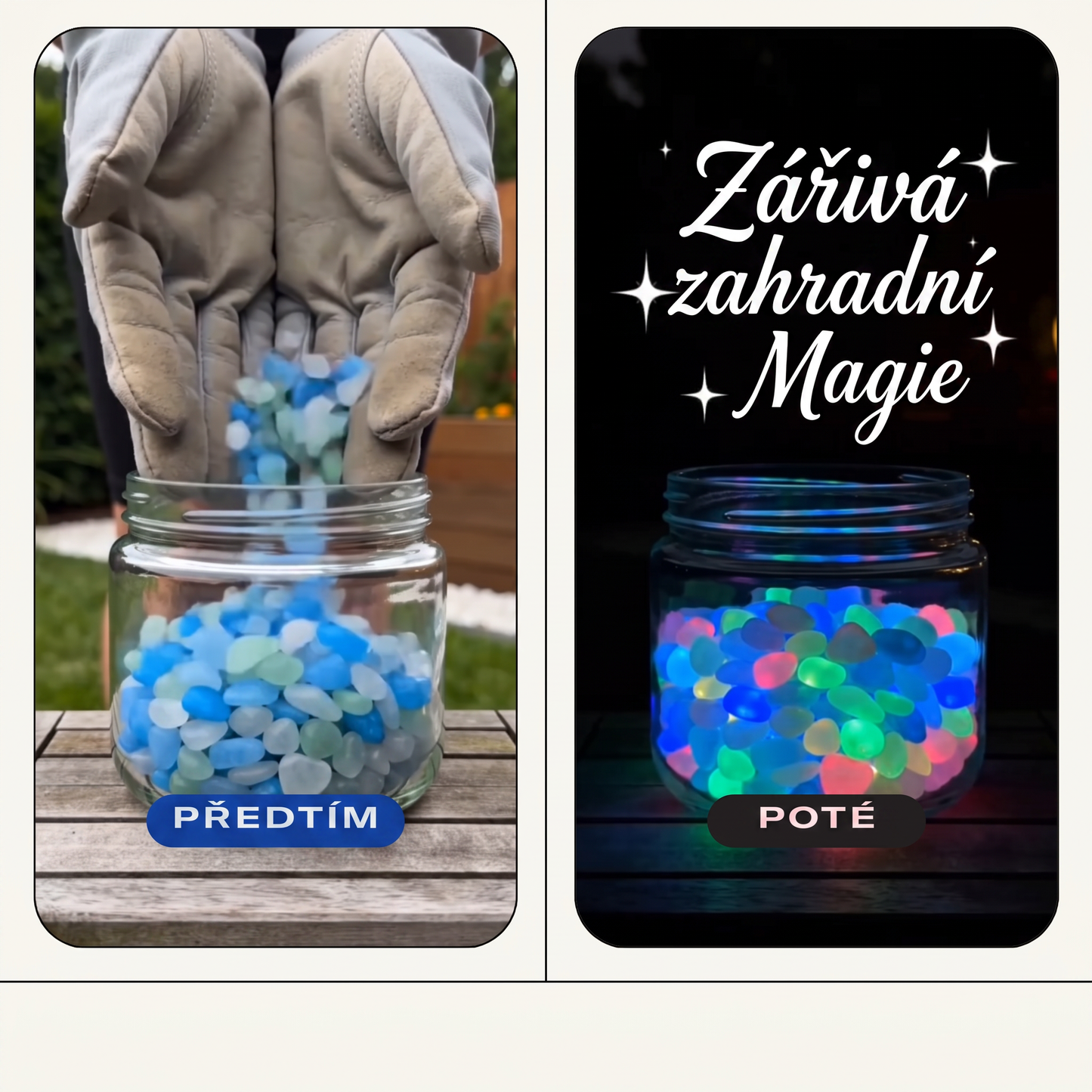 PKNEW® 🌈 Svítící zahradní kamínky nabíjené světlem ✨ – barevná noční záře bez kabelů a baterií, voděodolná dekorace pro cestičky, květináče, záhony, terasu i okolí bazénu