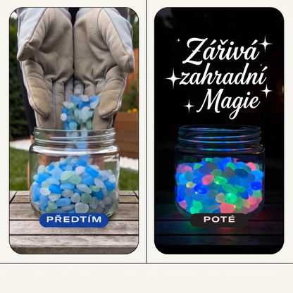 PKNEW® 🌈 Svítící zahradní kamínky nabíjené světlem ✨ – barevná noční záře bez kabelů a baterií, voděodolná dekorace pro cestičky, květináče, záhony, terasu i okolí bazénu