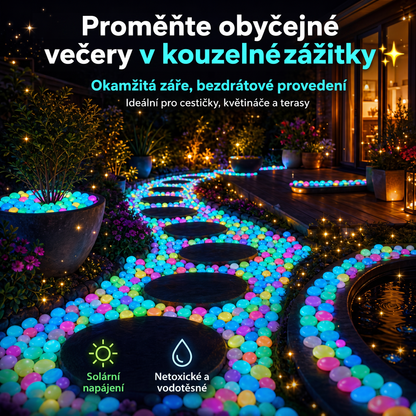 PKNEW® 🌈 Svítící zahradní kamínky nabíjené světlem ✨ – barevná noční záře bez kabelů a baterií, voděodolná dekorace pro cestičky, květináče, záhony, terasu i okolí bazénu