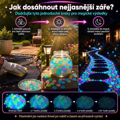 PKNEW® 🌈 Svítící zahradní kamínky nabíjené světlem ✨ – barevná noční záře bez kabelů a baterií, voděodolná dekorace pro cestičky, květináče, záhony, terasu i okolí bazénu