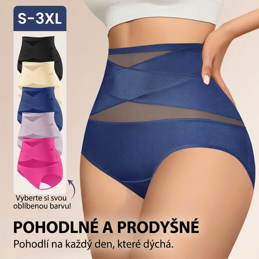 🔥🔥Tvarující kalhotky s vysokým pasem pro větší velikosti s kříženým panelem pro regulaci bříška