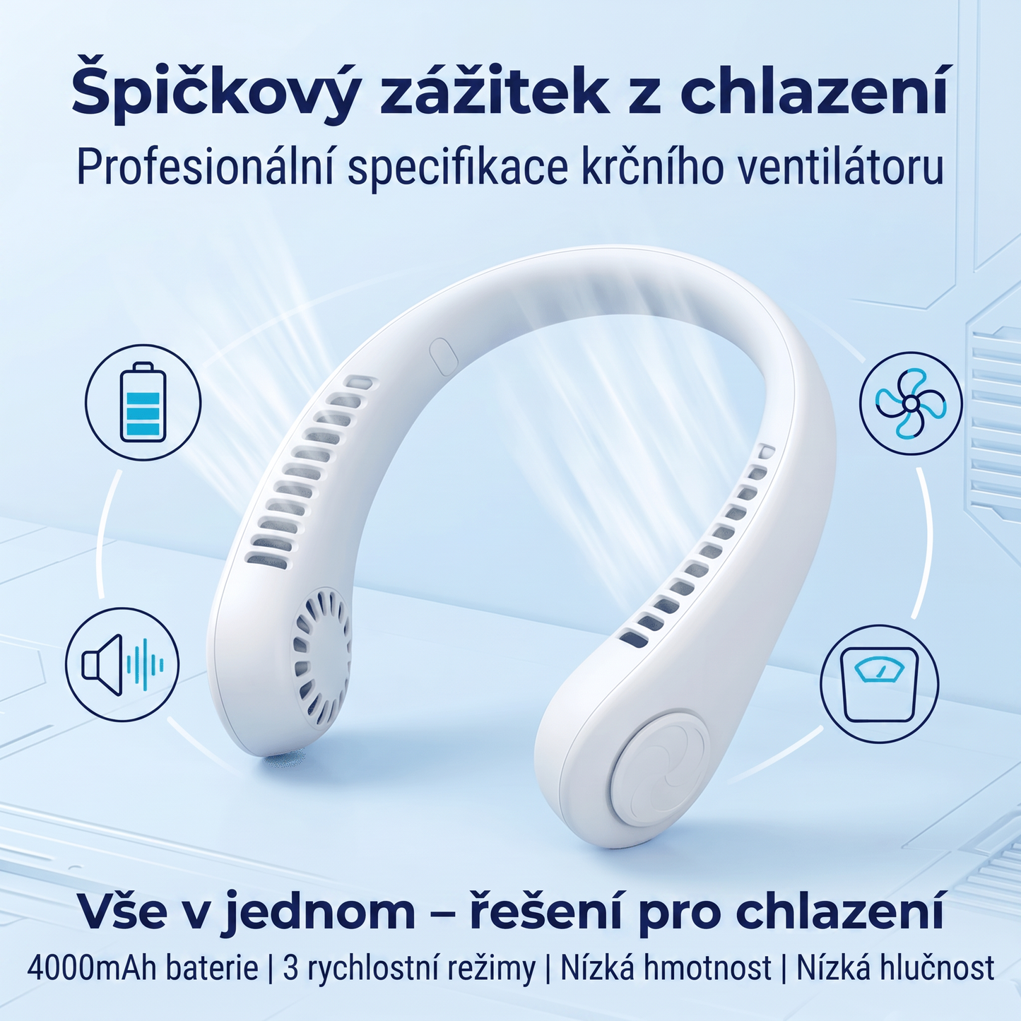 Přenosný ventilátor na krk PKNEW®, bezlopatkový osobní ventilátor, hands-free chlazení pro venkovní použití i do kanceláře 💎