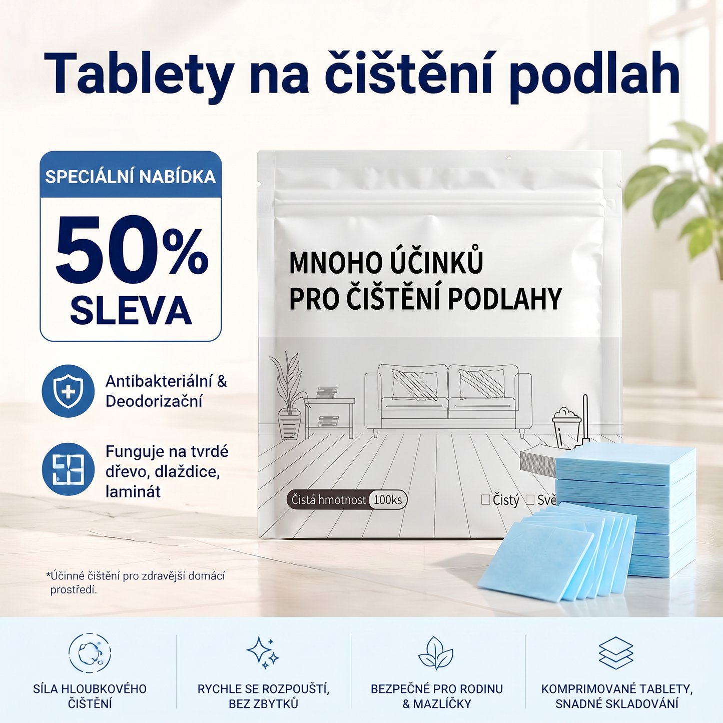 PKNEW® Čisticí tablety na podlahy – Univerzální čistič pro dřevěné, laminátové a dlaždicové povrchy i stěny obytných vozů, antibakteriální a deodorační péče 🌷