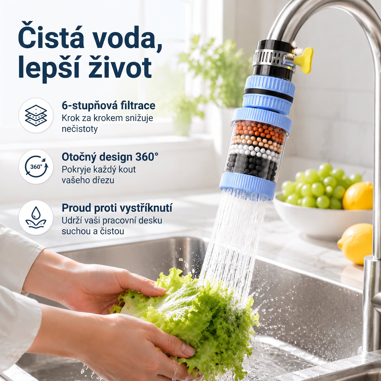 🔥🔥PKNEW®💧 6vrstvý filtrační vodní filtr na kohoutek 360 stupňů otočný, proti stříkající vodě, pro kuchyňský dřez k mytí ovoce, zeleniny a nádobí 🚿
