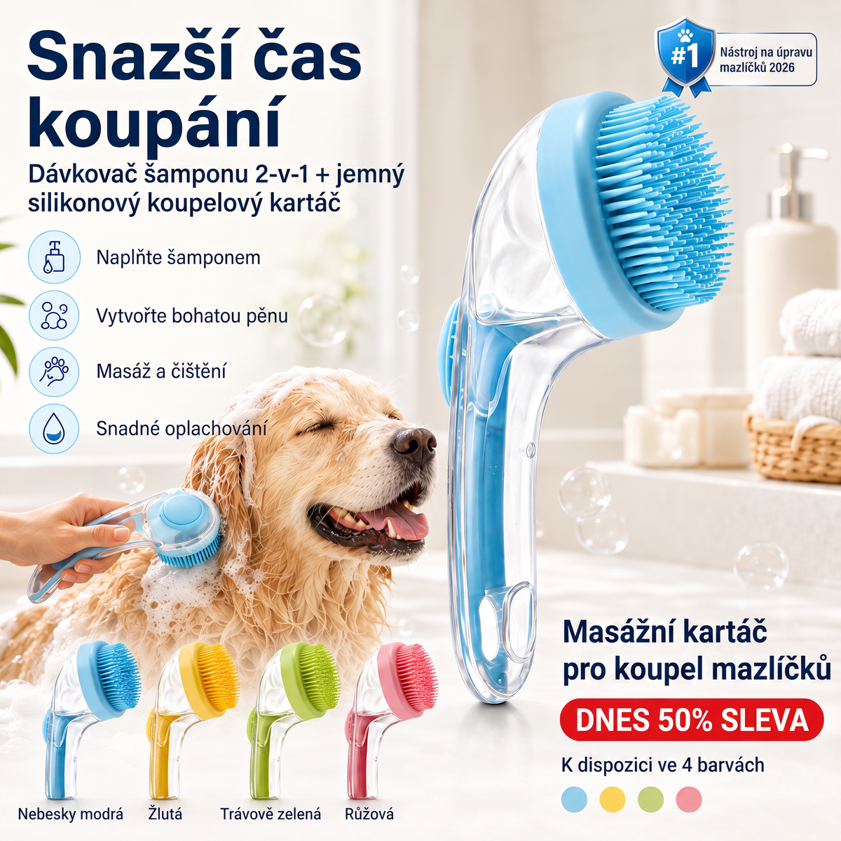 PKNEW® 🐕 Koupací kartáč 2v1 s dávkovačem šamponu – Měkký silikonový kartáč pro péči o srst psů a koček 💎