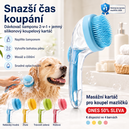 PKNEW® 🐕 Koupací kartáč 2v1 s dávkovačem šamponu – Měkký silikonový kartáč pro péči o srst psů a koček 💎