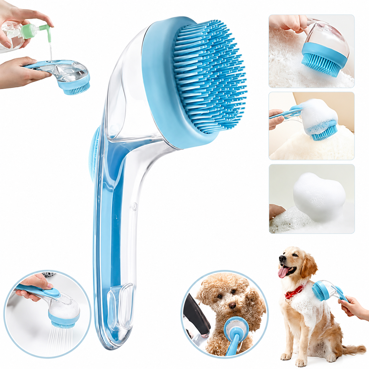 PKNEW® 🐕 Koupací kartáč 2v1 s dávkovačem šamponu – Měkký silikonový kartáč pro péči o srst psů a koček 💎