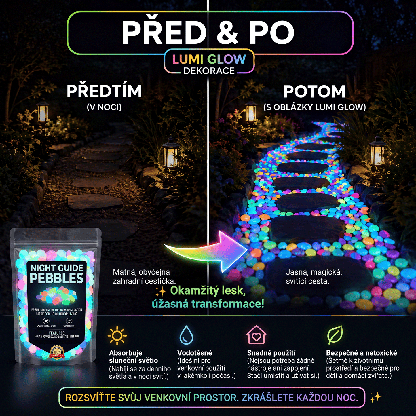 PKNEW® 🌈 Svítící zahradní kamínky nabíjené světlem ✨ – barevná noční záře bez kabelů a baterií, voděodolná dekorace pro cestičky, květináče, záhony, terasu i okolí bazénu