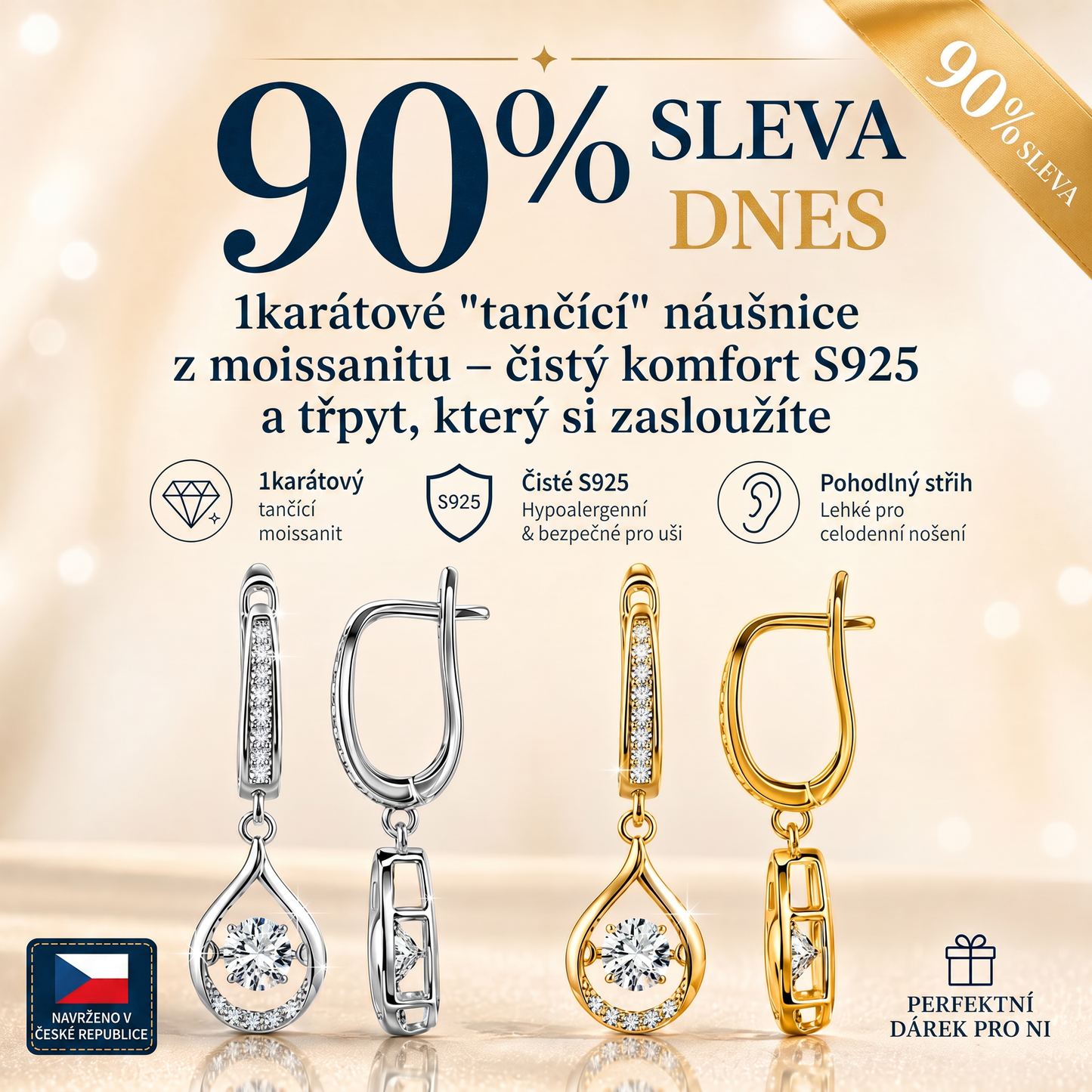 🥇🥇 DNES SLEVA 90 %✨: 1karátové „tančící“ náušnice z moissanitu – čistý komfort a třpyt stříbra S925, který si zasloužíte 💎
