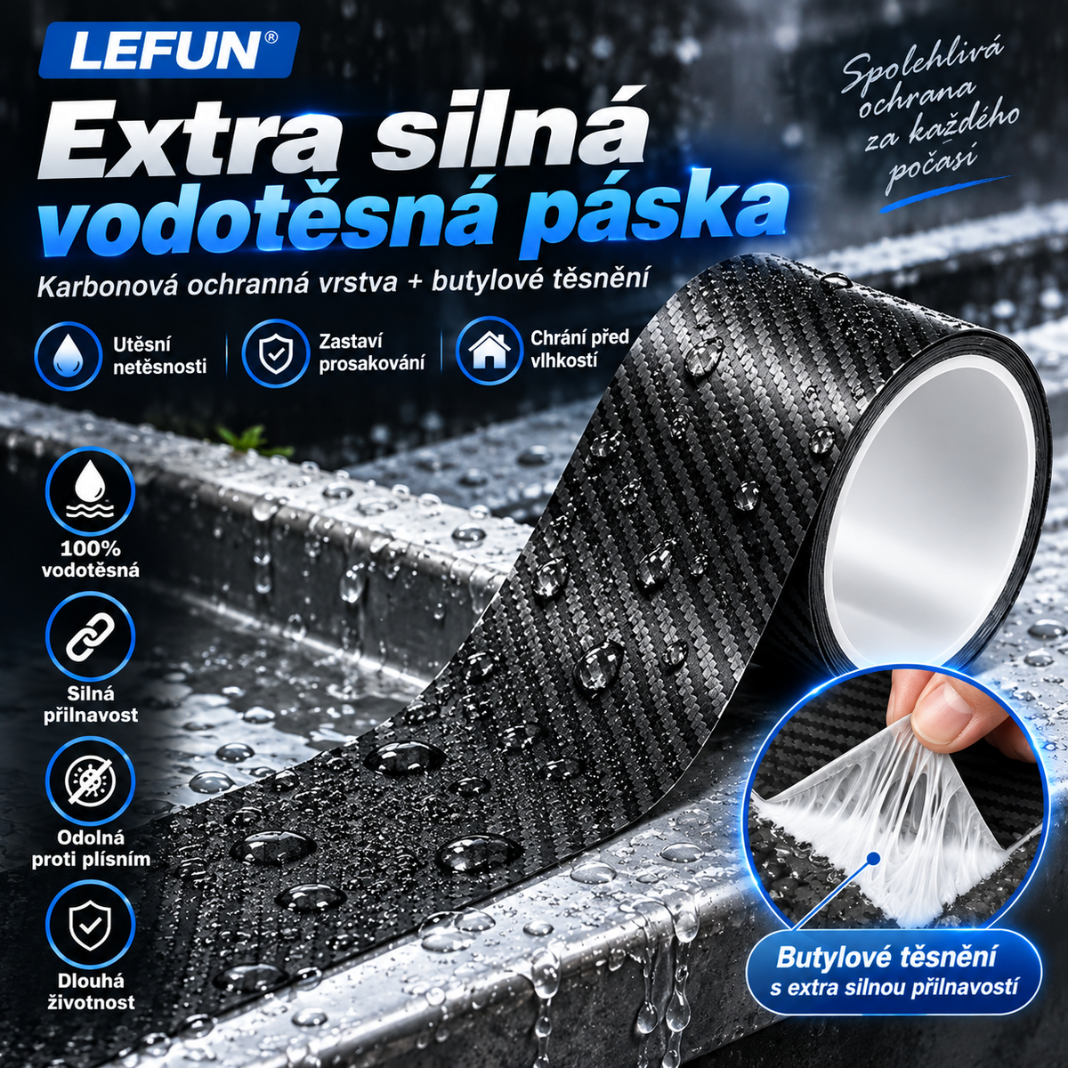LEFUN® 💧 Extra silná vodotěsná páska – Karbonová ochranná vrstva + butylové těsnění proti zatékání a vlhkosti