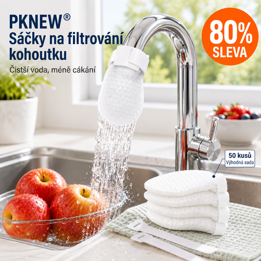 PKNEW® Filtrační sáčky na vodovodní baterii – 50ks jednorázové bavlněné filtry na pitnou vodu pro čistší vodu, omezení stříkající vody a ochranu před usazeninami 🚰