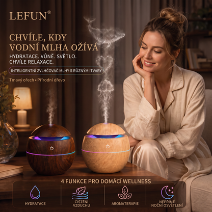 LEFUN® Chytrý zvlhčovač a aroma difuzér s tvarovanou mlhou 🌈 – Dřevěný design s medúzovými efekty a RGB osvětlením 💎
