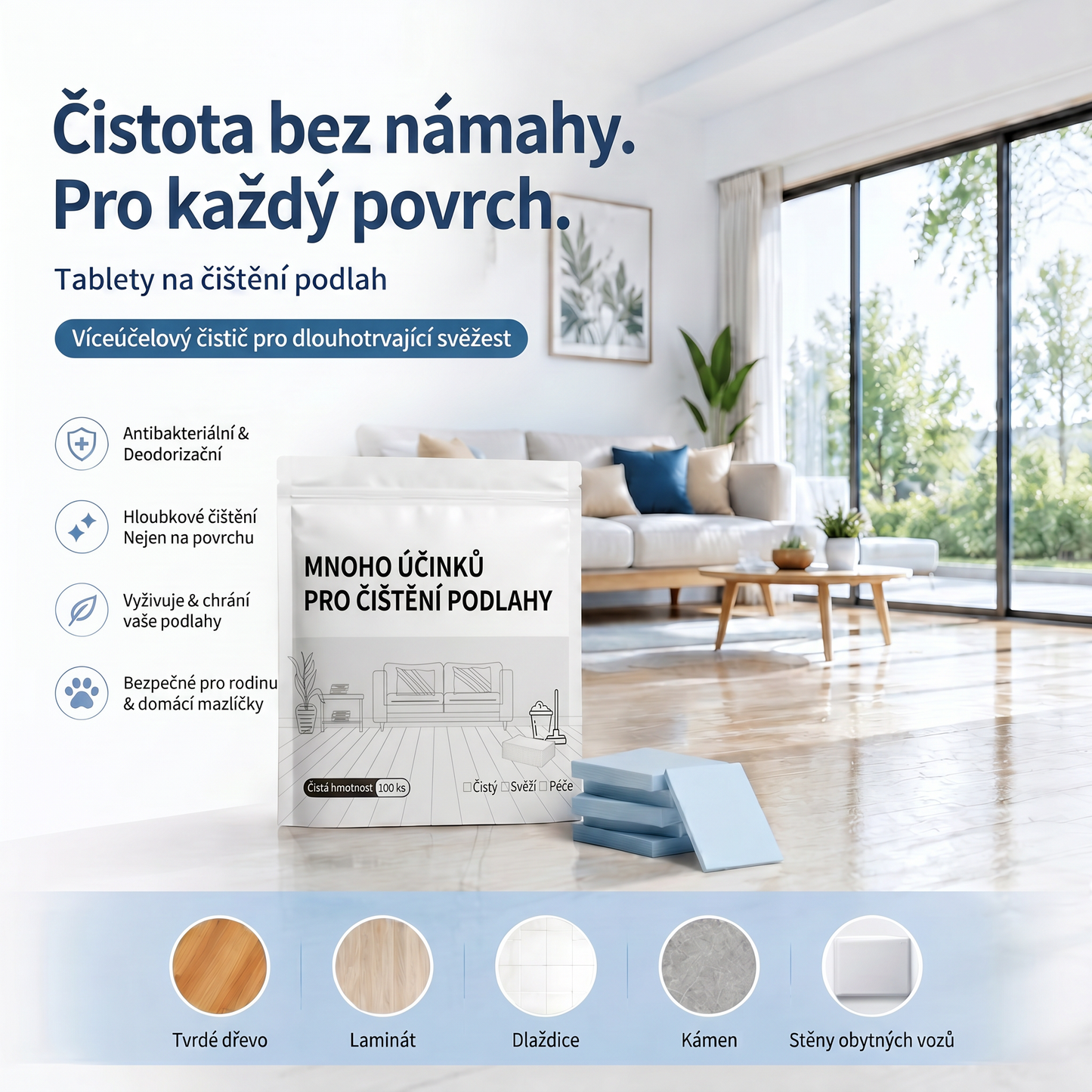 PKNEW® Čisticí tablety na podlahy – Univerzální čistič pro dřevěné, laminátové a dlaždicové povrchy i stěny obytných vozů, antibakteriální a deodorační péče 🌷