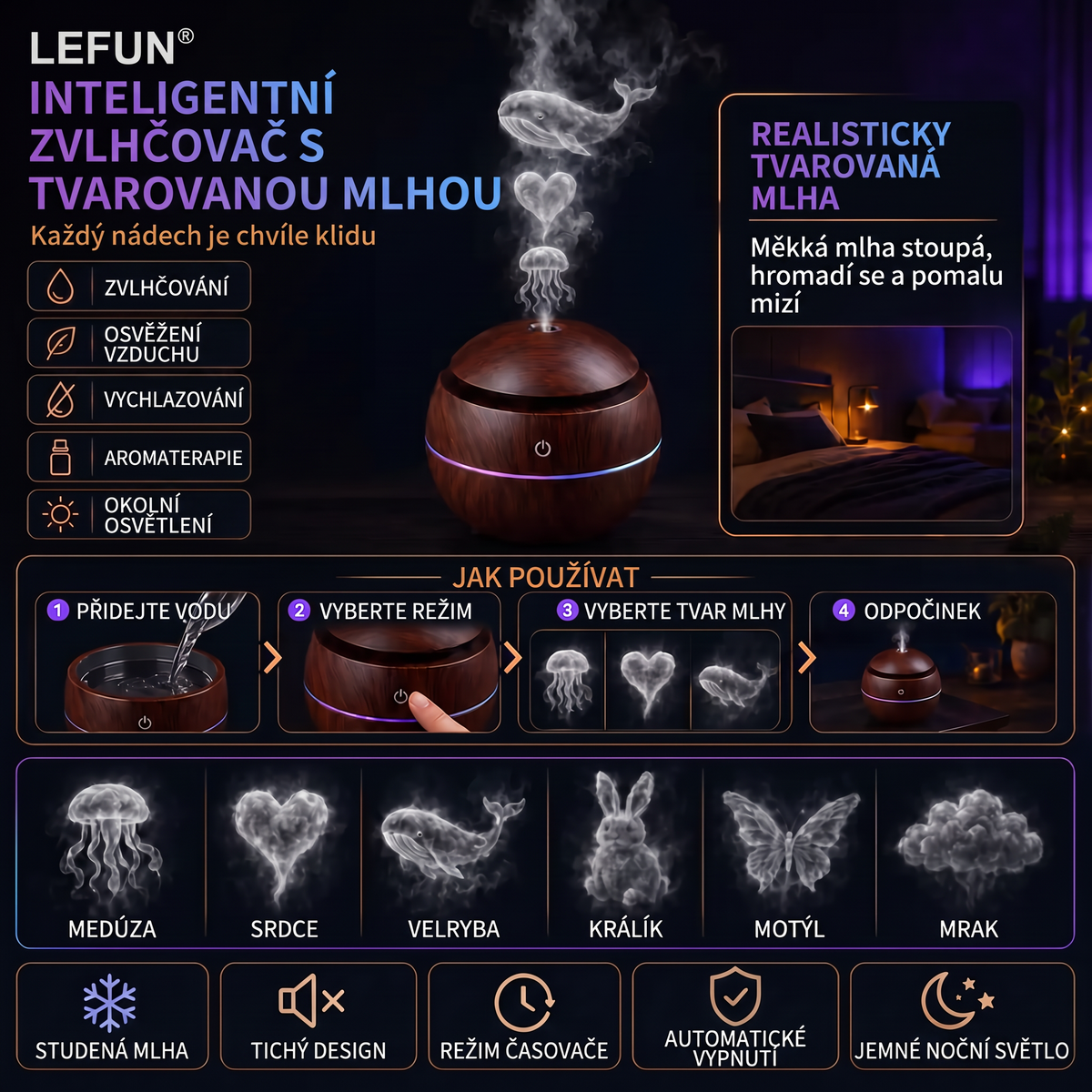 LEFUN® Chytrý zvlhčovač a aroma difuzér s tvarovanou mlhou 🌈 – Dřevěný design s medúzovými efekty a RGB osvětlením 💎