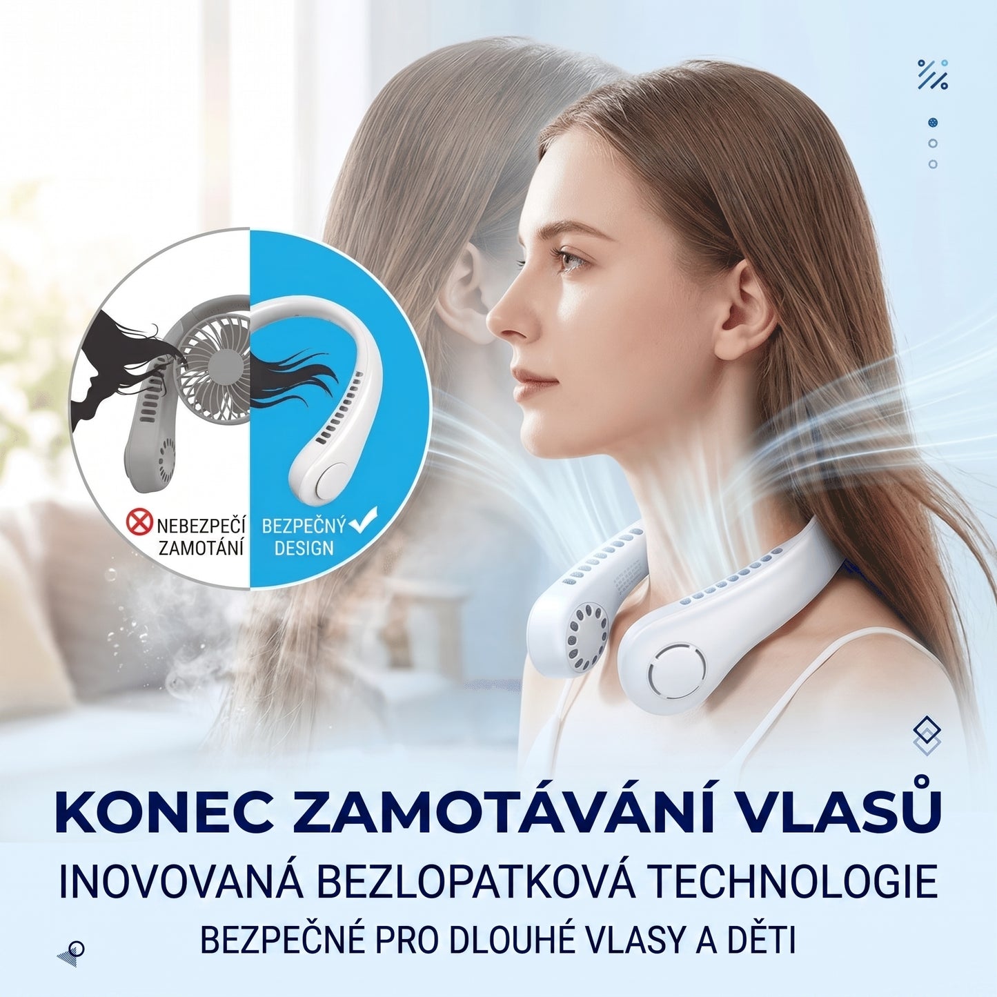 Přenosný ventilátor na krk PKNEW®, bezlopatkový osobní ventilátor, hands-free chlazení pro venkovní použití i do kanceláře 💎