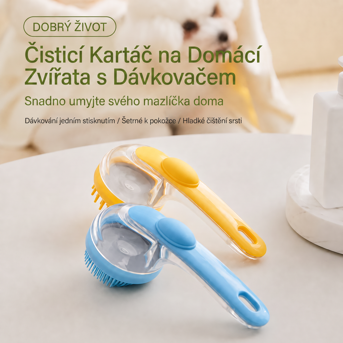PKNEW® 🐕 Koupací kartáč 2v1 s dávkovačem šamponu – Měkký silikonový kartáč pro péči o srst psů a koček 💎